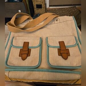 Fossil canvas tote bag with turquoise trim